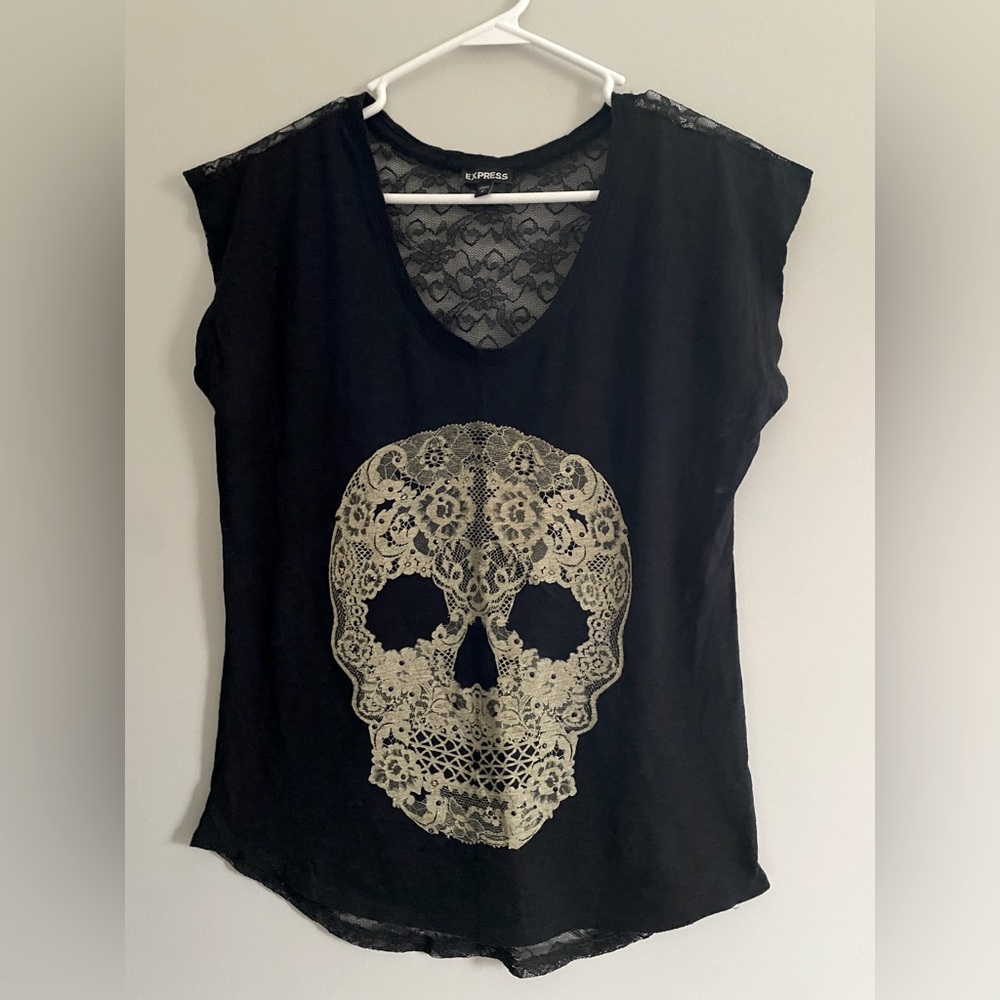 Express Skull Lace Back Tee with Rhinestones